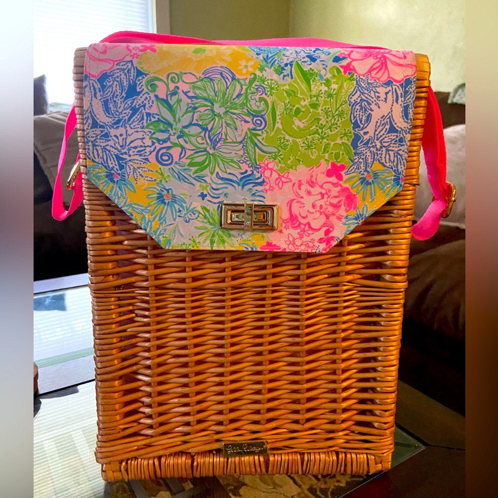 Lilly Pulitzer wicker wine carrier